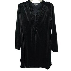 See And Be Seen Womens Black Velvet Shirt Dress Split Neck Long Sleeve Size S‎